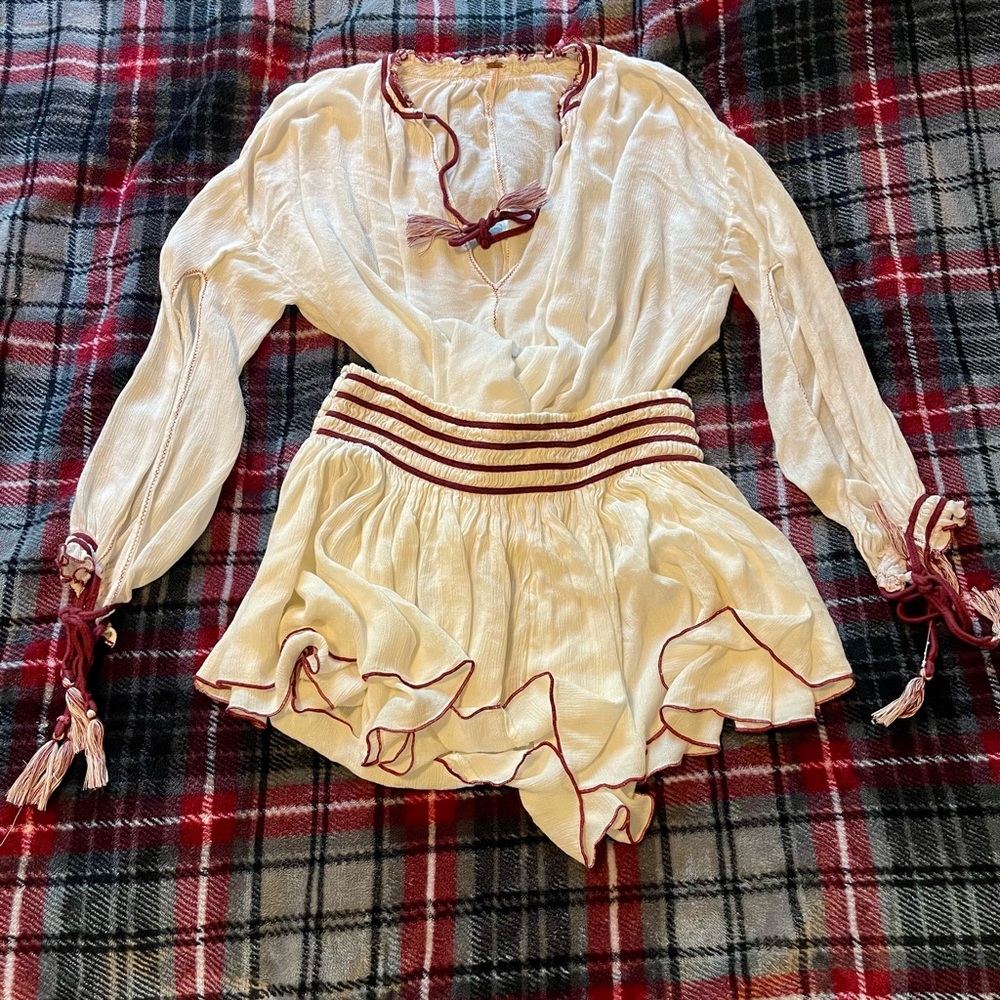 Free People Cream and Burgundy 2 piece set! Top with skirt. Festival Fun!
